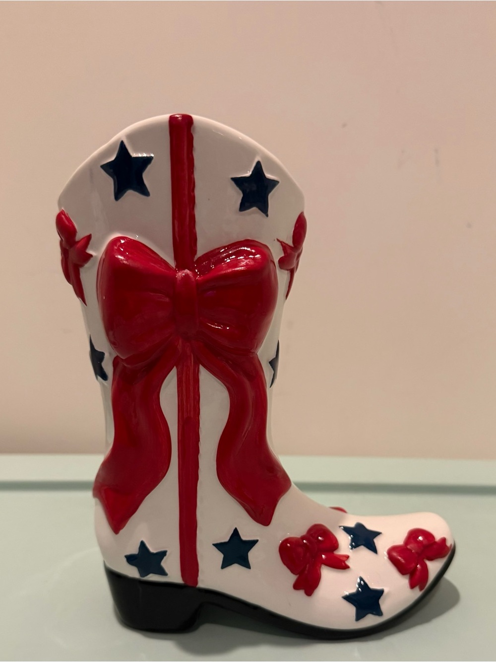 Super Cute Patriotic Ceramic Cowboy Boot Vase with Red Bows & Blue Stars- NWT